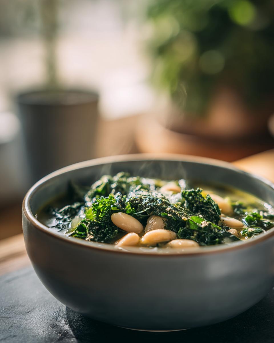 A steaming bowl of white bean kale soup, showcasing tender kale leaves and creamy white beans in a flavorful broth.