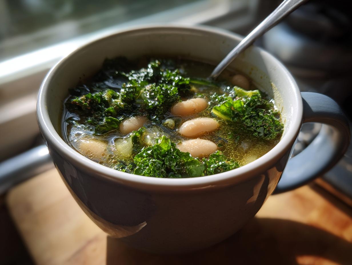 A close-up of a mug filled with hearty white bean kale soup, showcasing tender white beans and vibrant kale.