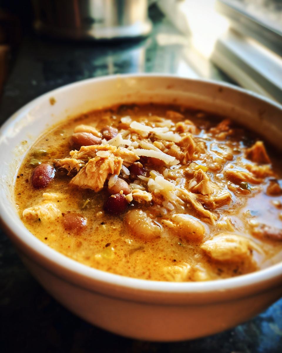 A close-up of a bowl of white chicken chili, featuring shredded chicken, white beans, kidney beans, and rice, topped with shredded cheese.