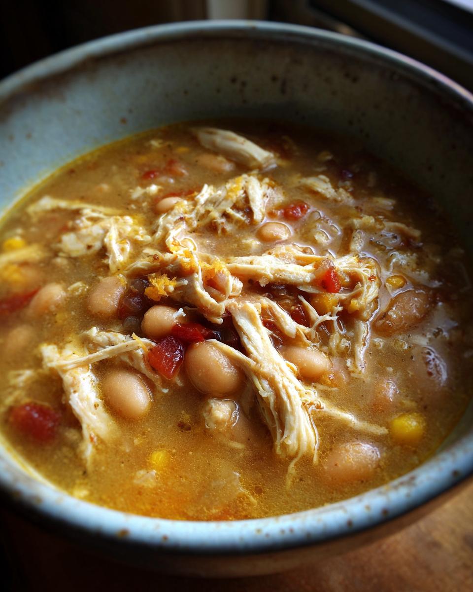 Close-up of a rustic bowl filled with flavorful white chicken chili, featuring shredded chicken, white beans, and diced tomatoes.