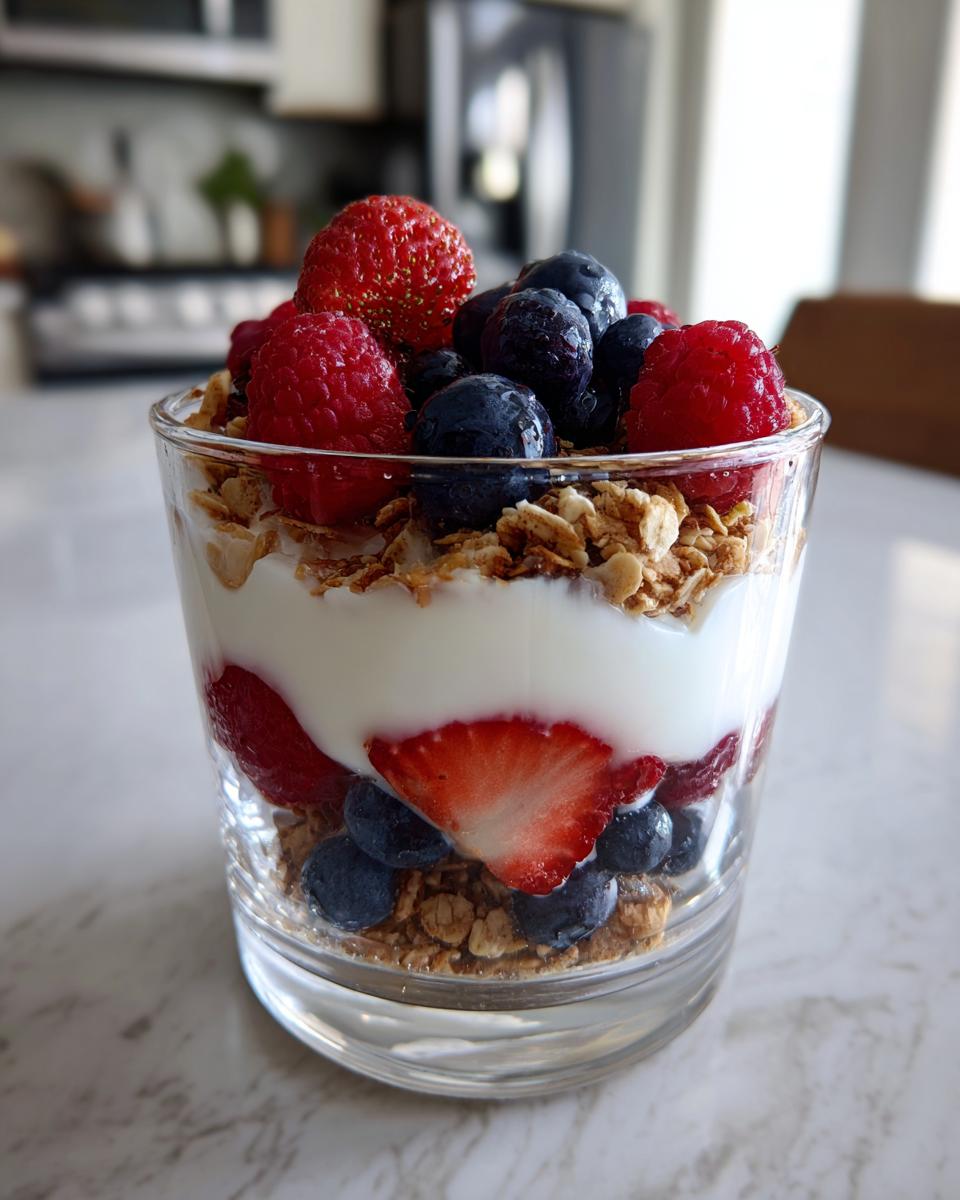 A layered yogurt parfait with granola, yogurt, fresh strawberries, blueberries, and raspberries, showcasing breakfast ideas.