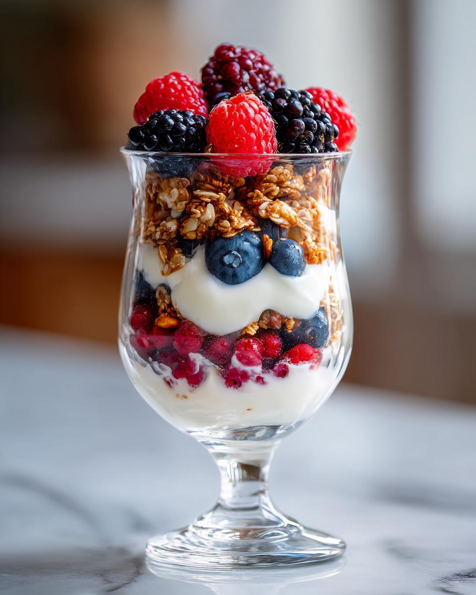 A layered yogurt parfait with fresh berries, granola, and yogurt, showcasing breakfast ideas for keeping yogurt parfaits fresh and crunchy.