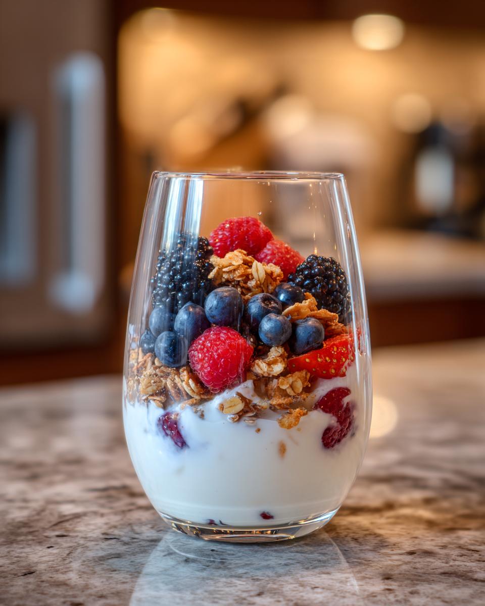 A refreshing yogurt parfait layered with granola, fresh blueberries, raspberries, and blackberries.